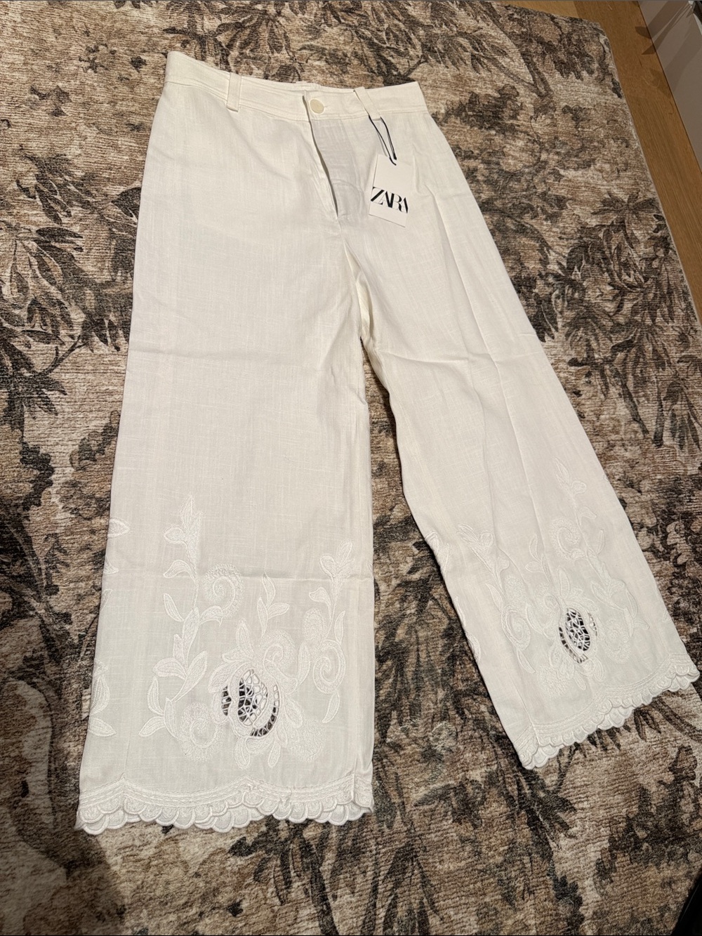 ZARA Cream Embroidered Wide-Leg Pants - NWT